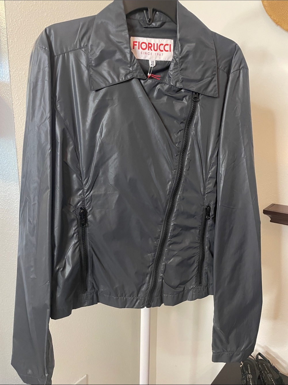 Fiorucci K-Way Black Lightweight Nylon Asymmetric Zip Motorcycle Style Jacket